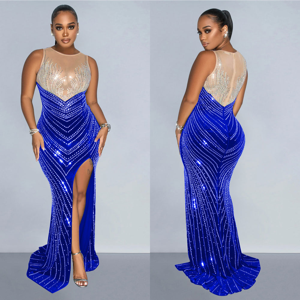 C6807 cross-border   fashion women's solid color round neck sleeveless rhinestone embellished maxi dress