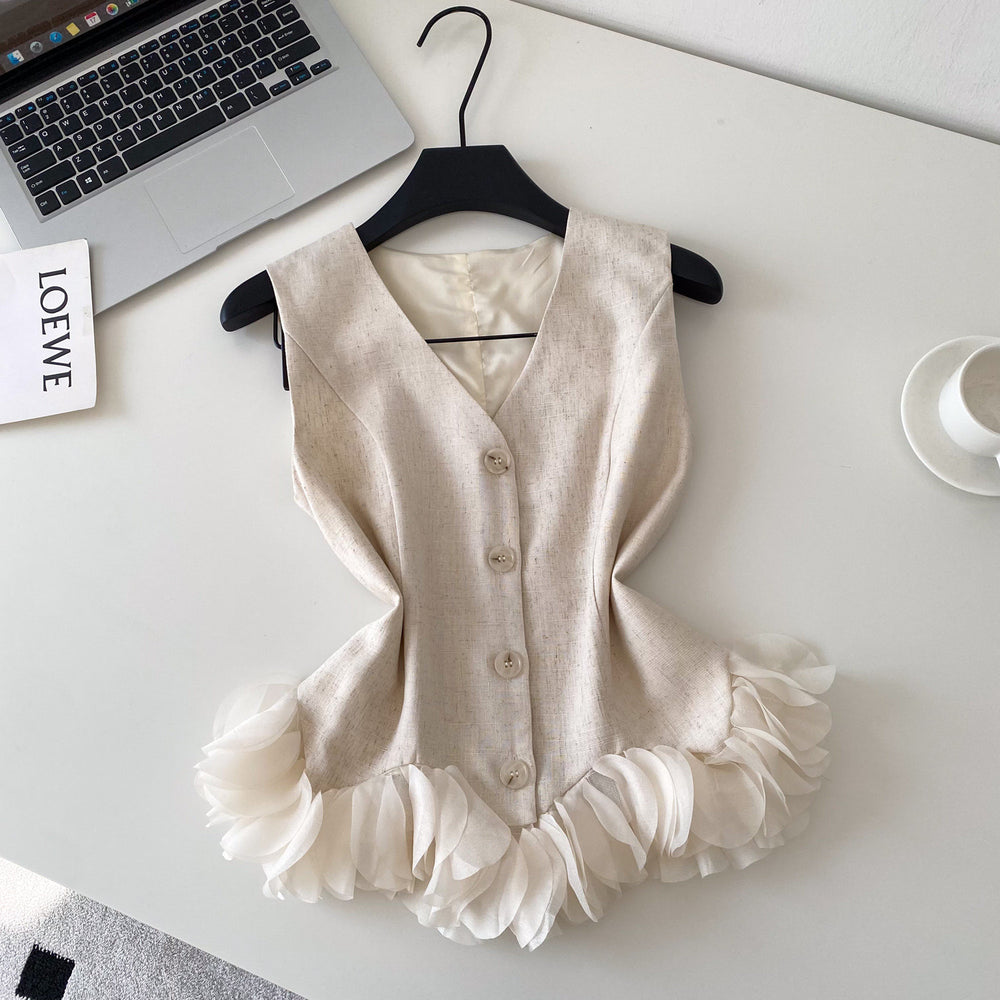 Frenchclassy sense of petal patchworkv neck sleeveless vest women's summerwork clothingsense of design single breasted age-reducing tops