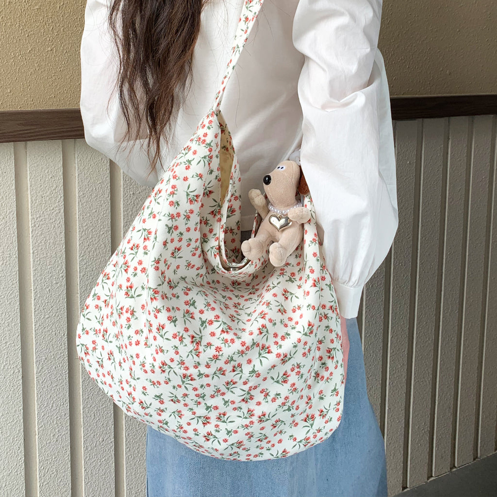 Cross-border new broken flower canvas bag messenger bag shopping bag fashion trend large capacity casual versatile women's shoulder bag