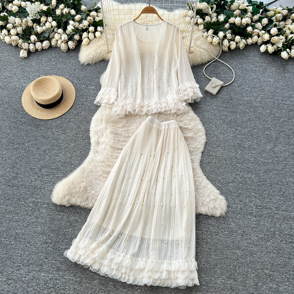 French chic ruffle-trimmed, beaded long-sleeve top and midi skirt set - autumn elegance for women