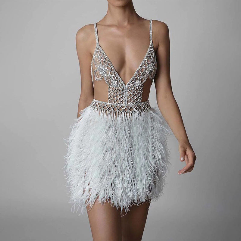 Ins fall/winter new european and american style export  spaghetti strap v-neck feather dress sexy women's party evening gown