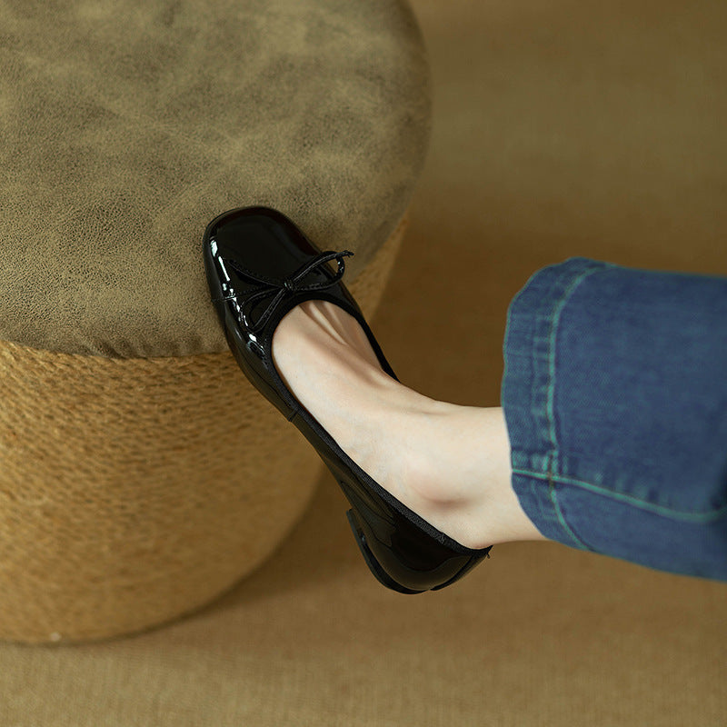 Vintage bow square toe low-cut flats - women's 2025 spring/autumn new collection - patent leather wedding shoes