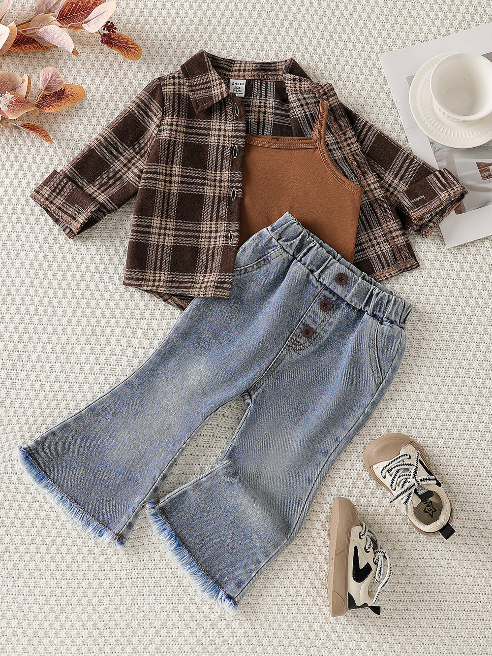 cross-border fashion "maillard" plaid shirt, flare jeans, and camisole three-piece set