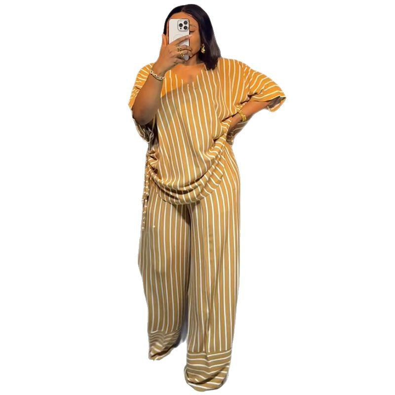 European and american cross-border women's clothing  summer new arrival: casual loose v-neck striped short-sleeve top and wide-leg pants set