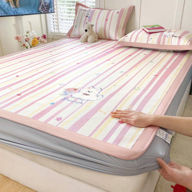 Summer ice rattan mat three-piece cartoon mattress foldable embroidered ice silk mat can sleep naked air conditioner soft mat