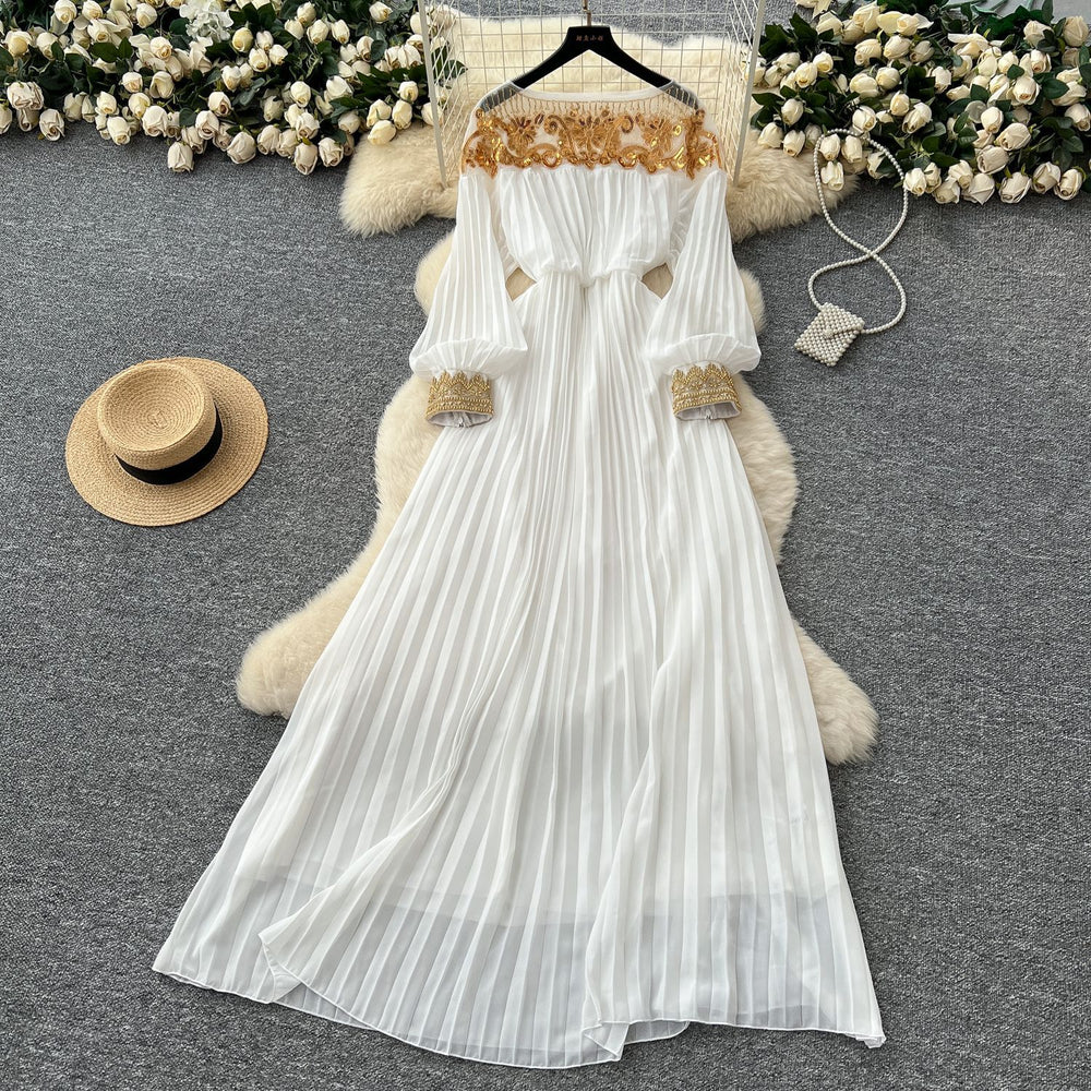 French chic high-end sequin & beaded mesh panel long sleeve bodycon dress - slimming, elegant, and flattering maxi dress for women