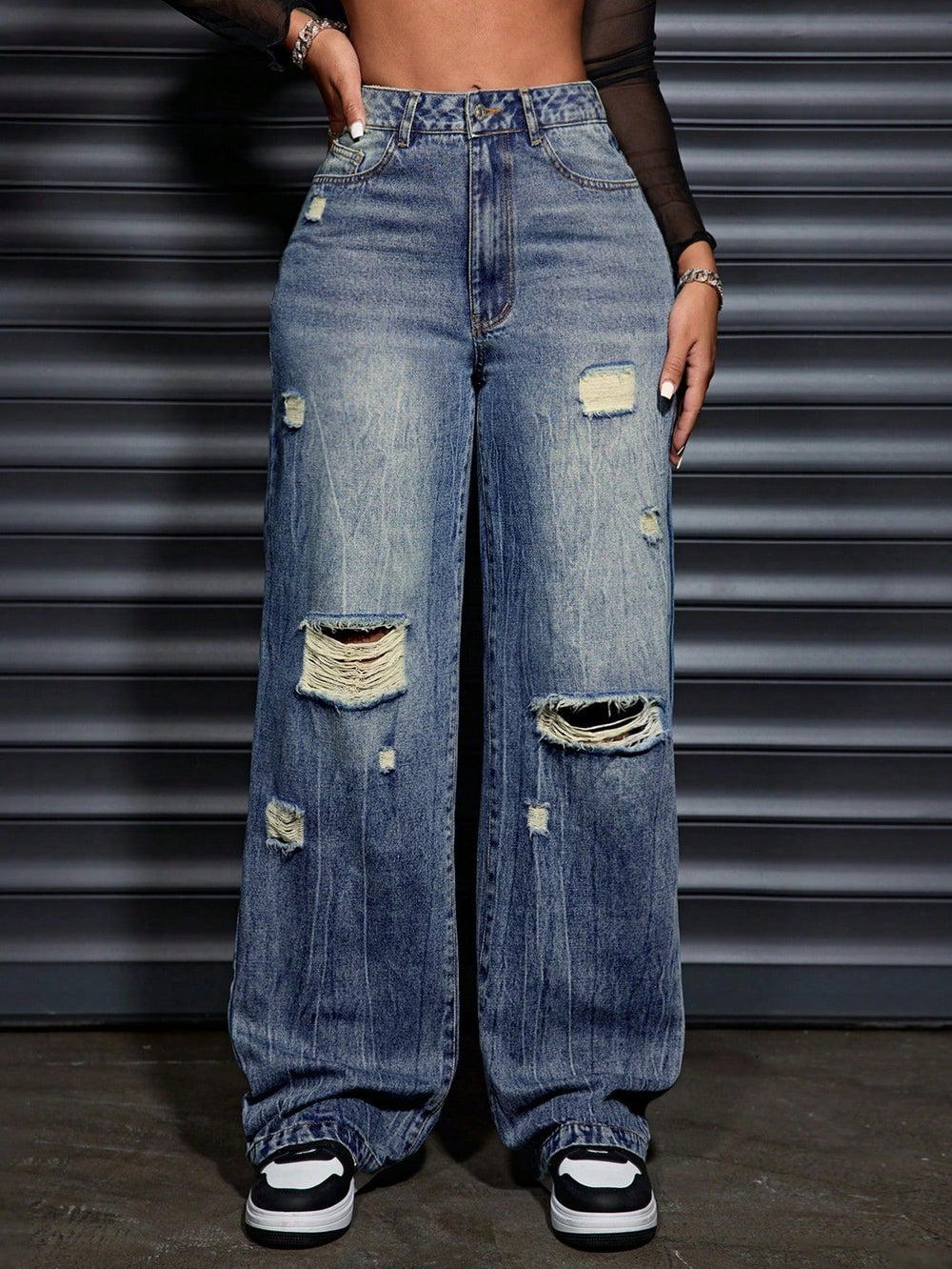 Pre-sale-65700  cross-border foreign trade women's fashion casual loose straight-leg ripped denim pants