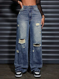 Pre-sale-65700  cross-border foreign trade women's fashion casual loose straight-leg ripped denim pants
