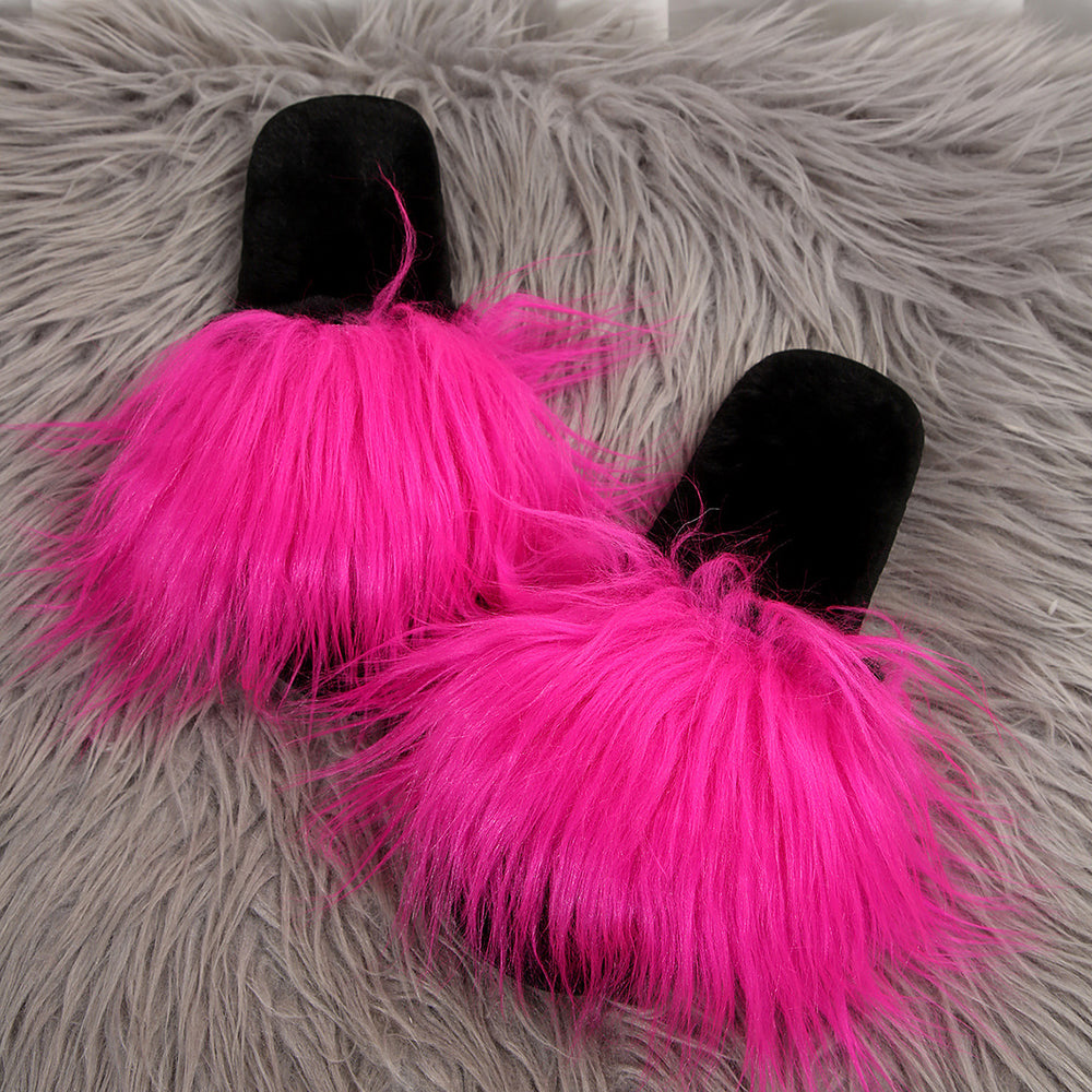 plus size open slippers women's long hair flip-flops family furry sandals thick bottom sandals heattech slippers for women