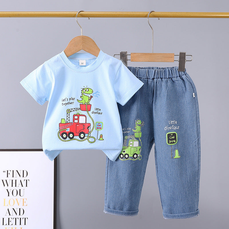 Summer new arrivals: toddler & kids' denim pants & cartoon print short sleeve two-piece set - multiple styles available