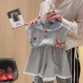 Girls' outfit set: cartoon appliqué bunny officer, 3d bow, plaid lace collar – stylish, high-quality, ready-to-wear
