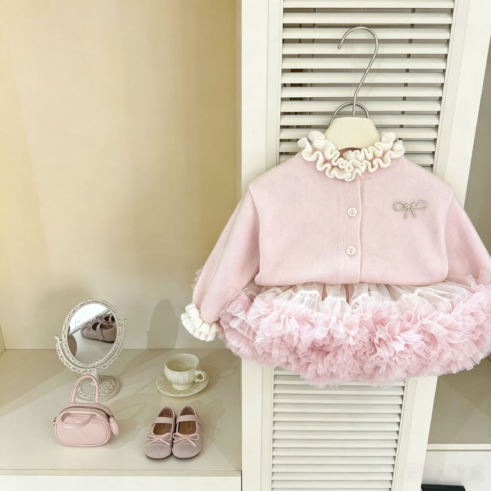 Korean style girls' fall/winter new collection: ruffle-trimmed sweater cardigan & fluffy tutu skirt two-piece set