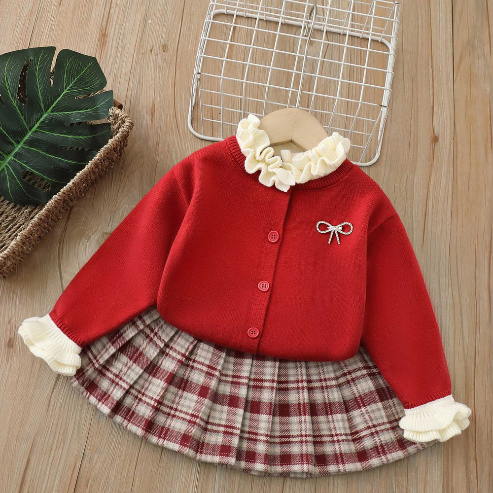 Girls' sweater set -  winter new arrival: stylish ruffle-trimmed thick cardigan sweater and plaid skirt two-piece set