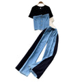 Hong kong style retropatchwork denim lazy two-piece set for women summerslimming lookhigh waistloose pantswork clothingelegantsuit