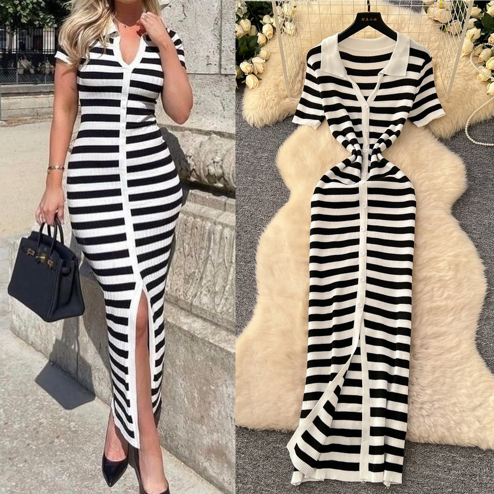 Korean chic retro socialite color block lapel single-breasted striped knit dress - slimming maxi dress
