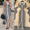 Korean chic retro socialite color block lapel single-breasted striped knit dress - slimming maxi dress