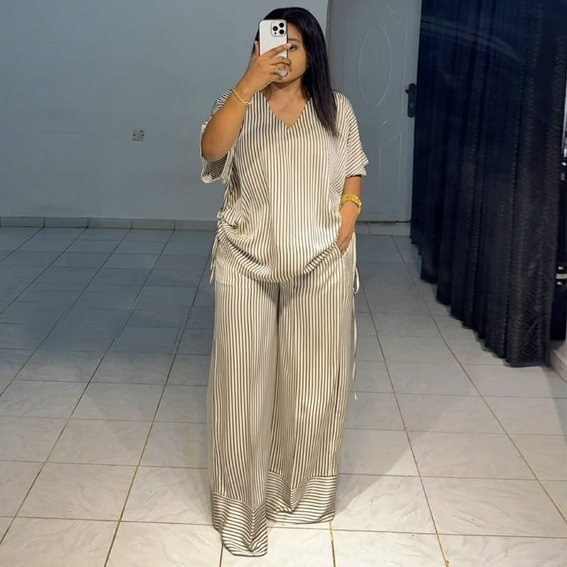 European and american cross-border women's clothing  summer new arrival: casual loose v-neck striped short-sleeve top and wide-leg pants set