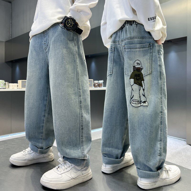 Boys' jeans - spring korean drama style, relaxed fit straight leg, embroidered trendy casual pants for kids and teens