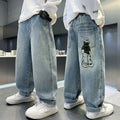 Boys' jeans - spring korean drama style, relaxed fit straight leg, embroidered trendy casual pants for kids and teens