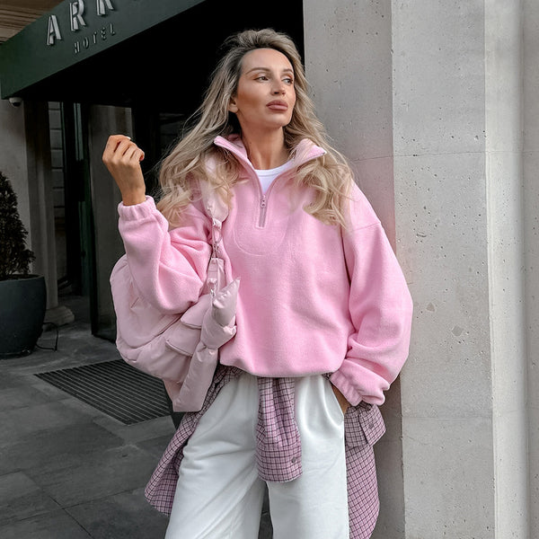 Autumn and winter fleece sweater women's 2025 new European and American lazy style pink loose pullover lamb fleece jacket women's clothing