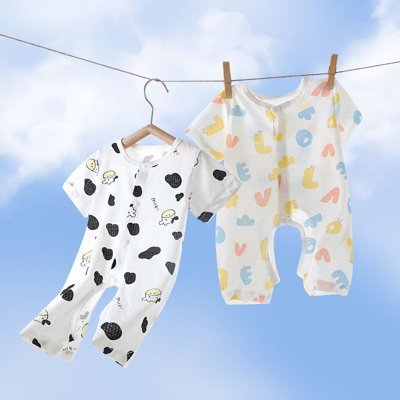 New summer baby rompers, onesies, and crawling suits - newborn pure cotton short-sleeve lightweight open crotch crawling suit for 0-1 year olds