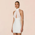 european and american women's clothing  summer new solid color high neck hollow-out ribbon patchwork backless bodycon dress