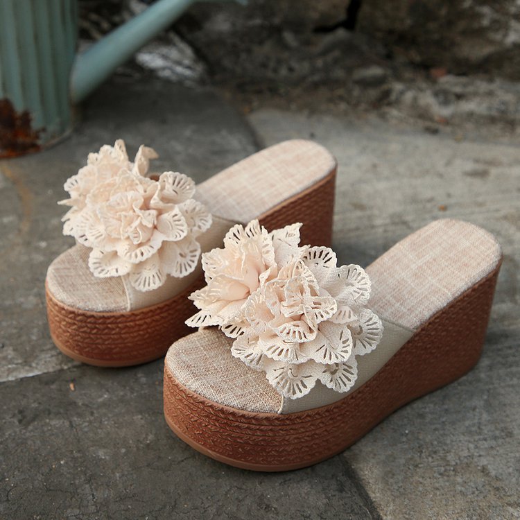 summernew arrivalexport wedge thick bottom slippers women's large size one-shaped flower waterproof platform sandals wholesale