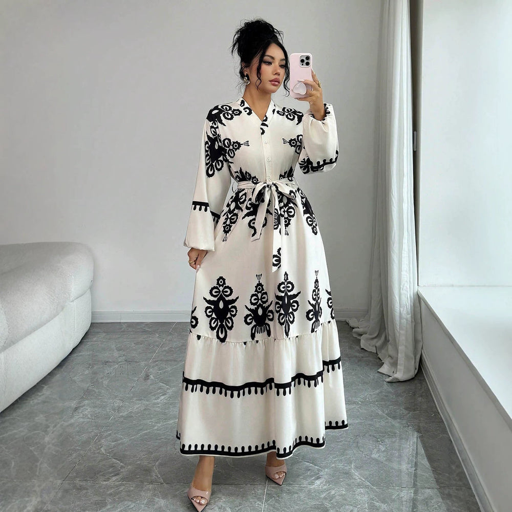 Vintage ethnic print maxi dress - v-neck, single-breasted, lantern sleeves, tie-waist, ruffle hem