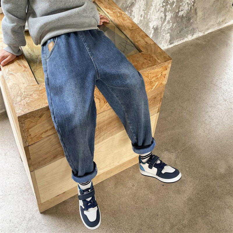 Boys' spring pants: denim jeans, spring/autumn styles,  new collection, kids' and big kids' trousers, fleece-lined and extra thick