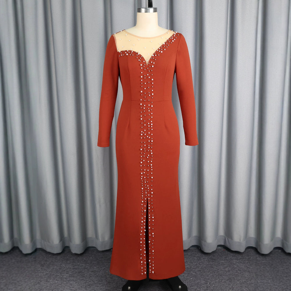 Elegant mesh see-through round neck commute dress - 3d beaded, cinched waist, bodycon, slit dress