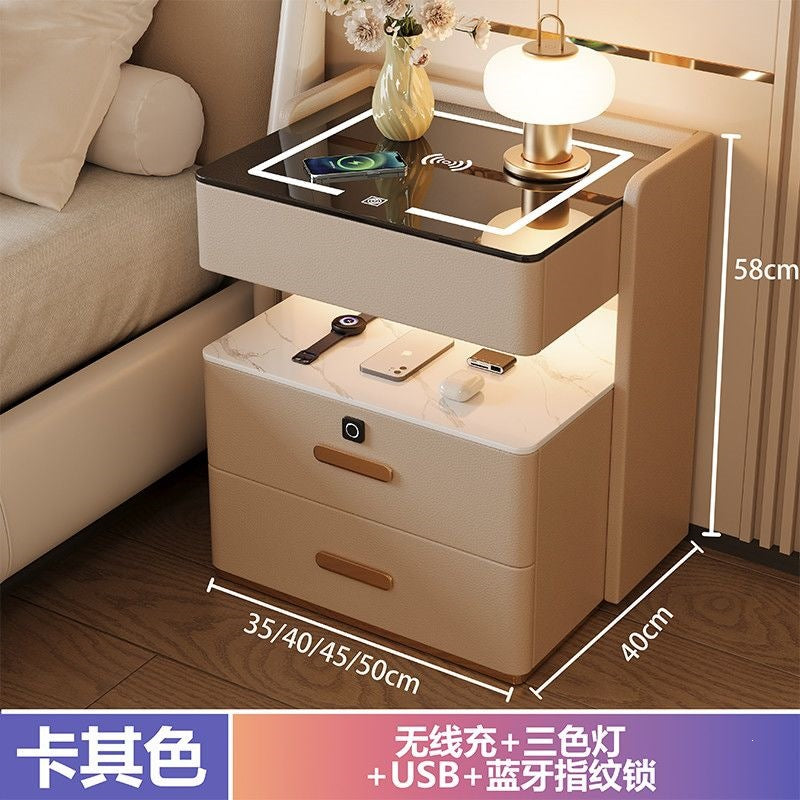 Solid wood smart light luxury bedside table - modern, high-end, home bedroom, minimalist, multifunctional, wireless charging & storage