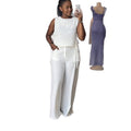 Fashion cross-border women's clothing  summernew arrivalelegant round neck drawstring sleeveless tops high waistpantscasualsuit