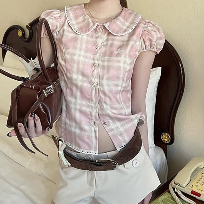 Cute style pink plaid puff sleeve shirred waist slimming short sleeve shirt women's small floral lace trim cropped top summer
