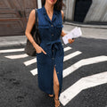 Fashion cross-border export  washed sleeveless four patch pockets single breasted work clothingslimming looklong denim shirt skirt