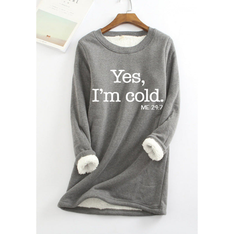 fall/winter new arrival: european and american style crew neck long sleeve fleece-lined base layer mid-length letter print sweatshirt for women