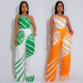 C7371 cross-border   fashion women's summer casual textured one-shoulder striped jumpsuit