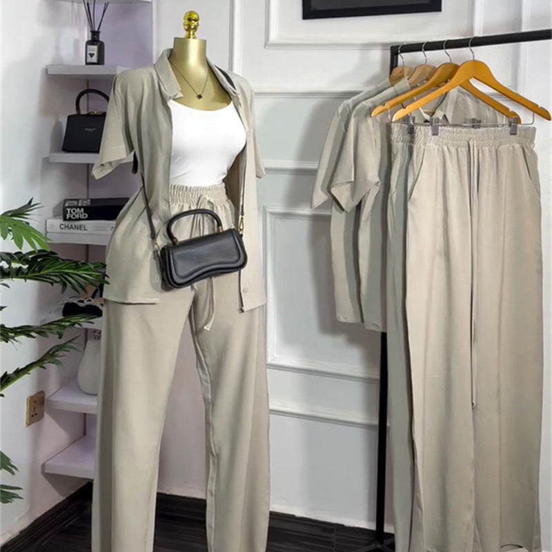 European and american cross-border women's fashion  autumn new arrival: casual turn-down collar loose-fit short sleeve shirt and tie-waist wide-leg pants set
