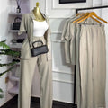 European and american cross-border women's fashion  autumn new arrival: casual turn-down collar loose-fit short sleeve shirt and tie-waist wide-leg pants set