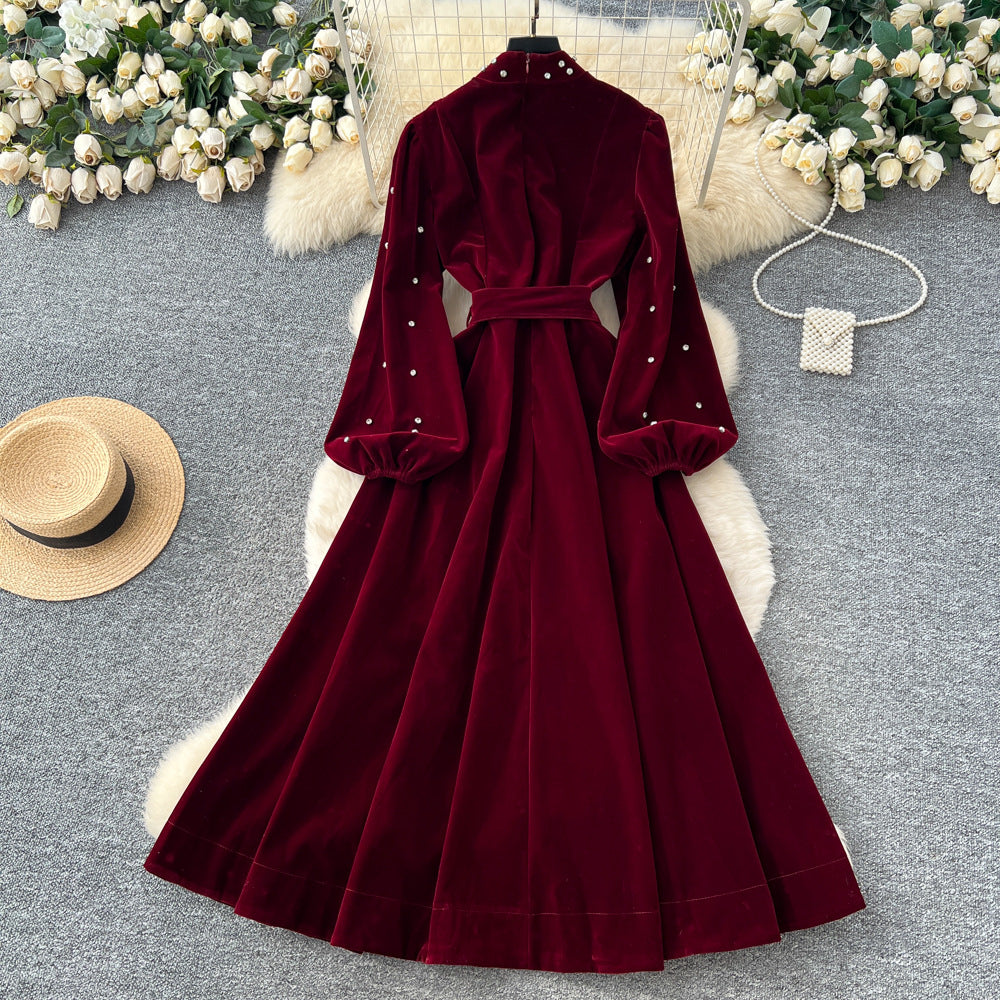 Frenchretroclassy heavy industry nail diamond stand collar lantern sleeves straps waist single breasted large swing velvet dress
