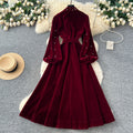 Frenchretroclassy heavy industry nail diamond stand collar lantern sleeves straps waist single breasted large swing velvet dress