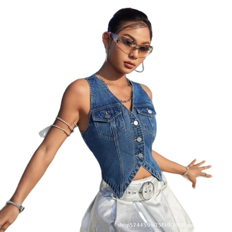 Amazon tiktok pinduoduo foreign trade cross-border denim vest women's waist slimming look irregular hem summer