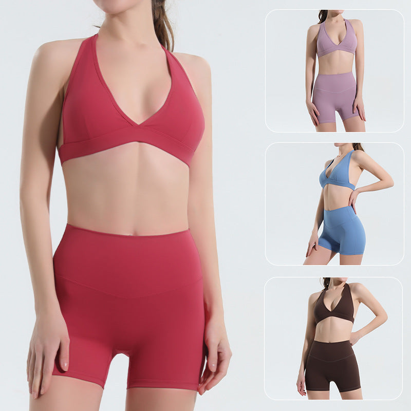 European and american halter sports bra and high-waisted tummy control butt-lifting leggings set - quick-dry summer yoga outfit with padded bra - wholesale