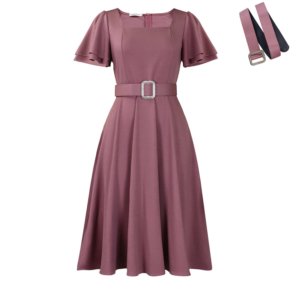 C8629  women's fashion  flared sleeve square neck high waist solid color elegant cross-border european and american dress