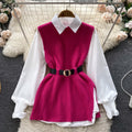 Autumn/winter korean chic socialite style lantern sleeve loose mid-length white shirt knitted vest two-piece set