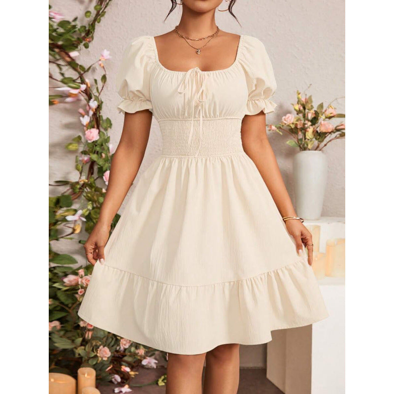 fashion  summer new arrivalelegantrufflespure color puff sleeve square neck shortdress