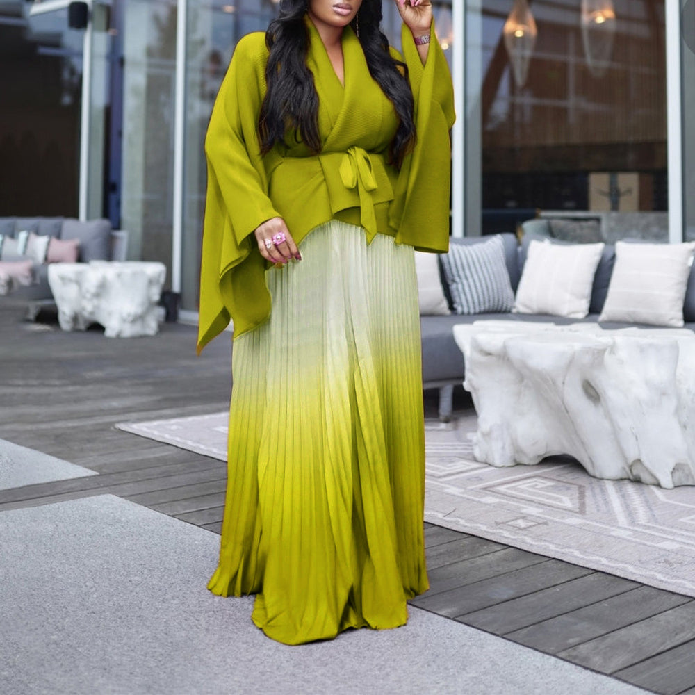 D3297 cross-border fashion african pleated asymmetrical tie-up top gradient midi skirt two-piece set for export