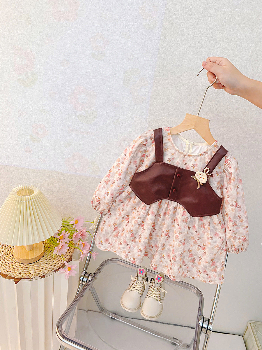 Trendy floral vest dress for baby girls - korean style, chic two-piece look, princess style dress - new autumn  collection