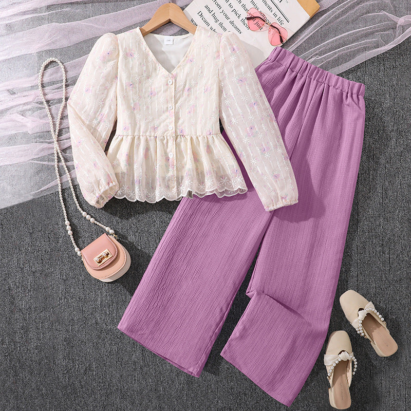 Export children's clothing springnew arrivalfashionsweetelegantv necklace hook flower long sleevestopspantsgirlsuit