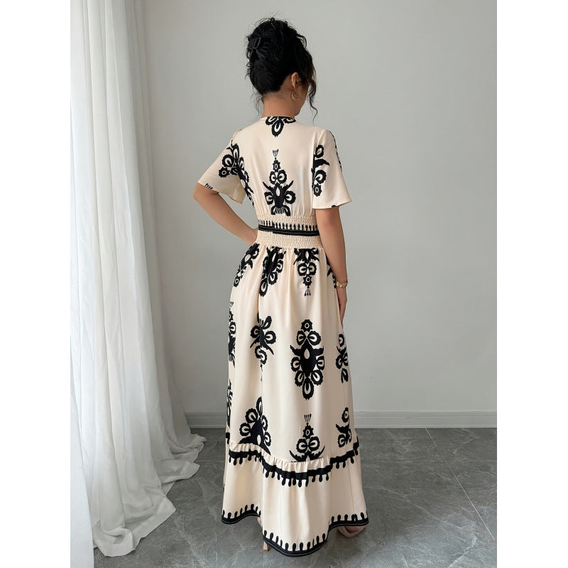 Aliexpress 1688 independent station in stock women's summerprintingv neck longdress