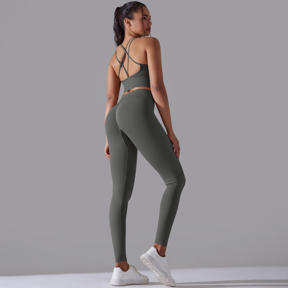 fashionnew arrival seamless knittingpure color beautiful back tight high waist yoga suit running fitness two-piece set